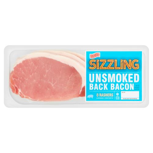 Danish Sizzling 8 Unsmoked Back Bacon Rashers 250g (MEAT)