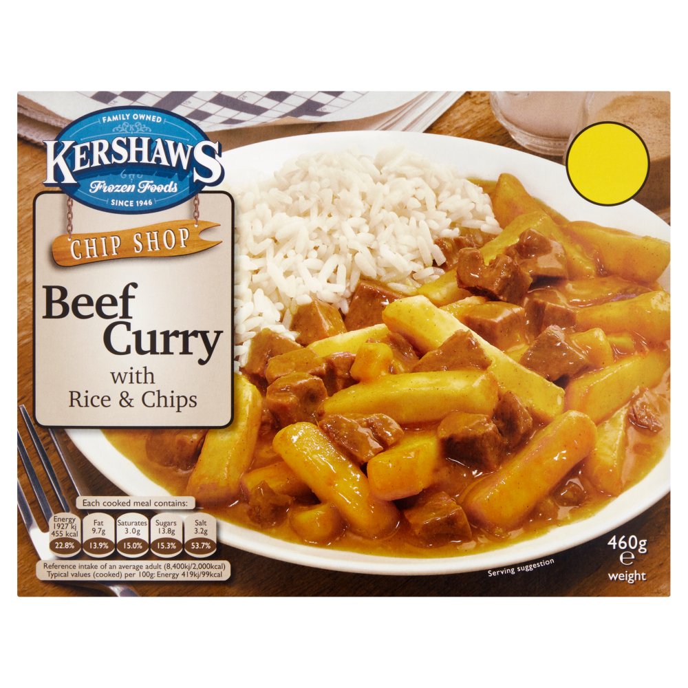 Kershaws Beef Curry with Rice & Chips 460g (FROZEN)